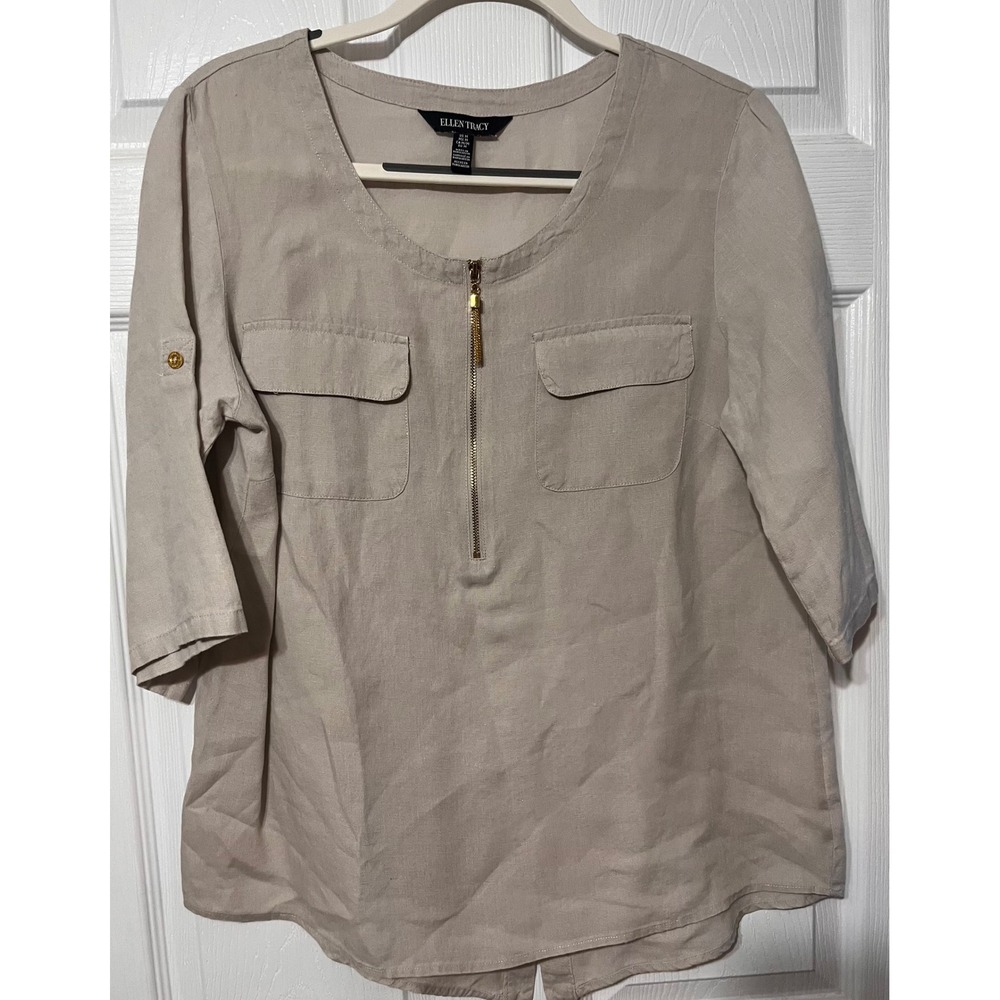 Ellen Tracy Womens 100% Linen Tan Half Zip Roll Tab Sleeve Blouse Top Size M
